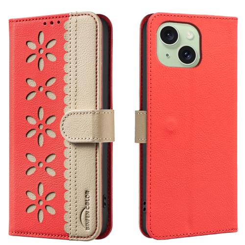 

For iPhone 14 Plus / 15 Plus Splicing Color Hollow Flower Pattern RFID Leather Phone Case(Red)