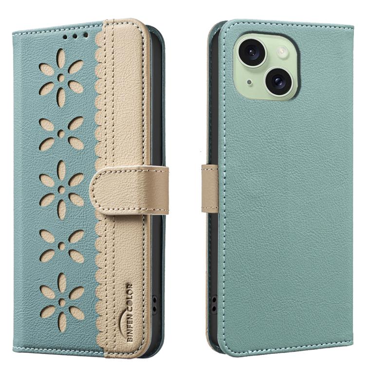 

For iPhone 14 Plus / 15 Plus Splicing Color Hollow Flower Pattern RFID Leather Phone Case(Green)