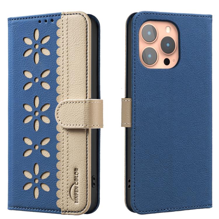 

For iPhone 15 Pro Max Splicing Color Hollow Flower Pattern RFID Leather Phone Case(Dark Blue)