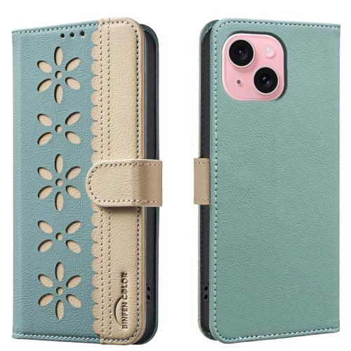 

For iPhone 15 Splicing Color Hollow Flower Pattern RFID Leather Phone Case(Green)