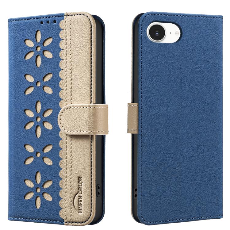 

For iPhone 16e Splicing Color Hollow Flower Pattern RFID Leather Phone Case(Dark Blue)