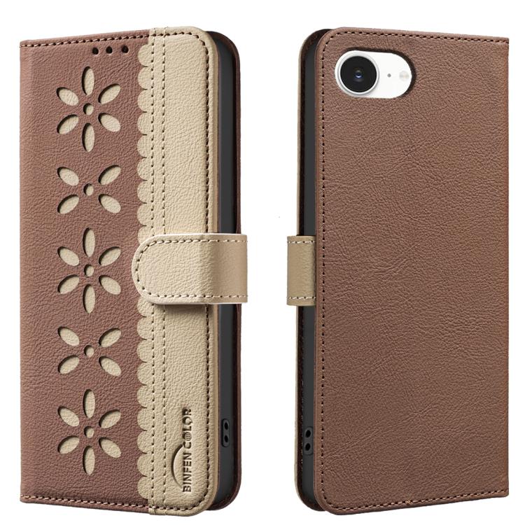 

For iPhone 16e Splicing Color Hollow Flower Pattern RFID Leather Phone Case(Brown)