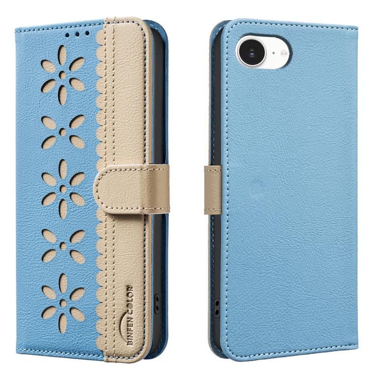 

For iPhone 16e Splicing Color Hollow Flower Pattern RFID Leather Phone Case(Baby Blue)