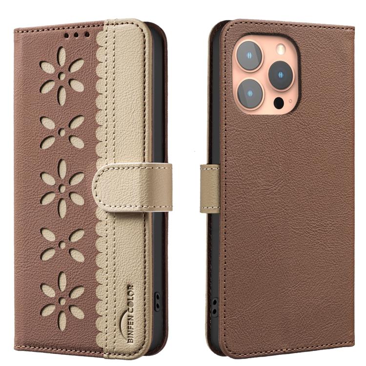 

For iPhone 16 Pro Splicing Color Hollow Flower Pattern RFID Leather Phone Case(Brown)
