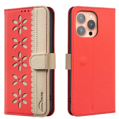 

For iPhone 16 Pro Splicing Color Hollow Flower Pattern RFID Leather Phone Case(Red)
