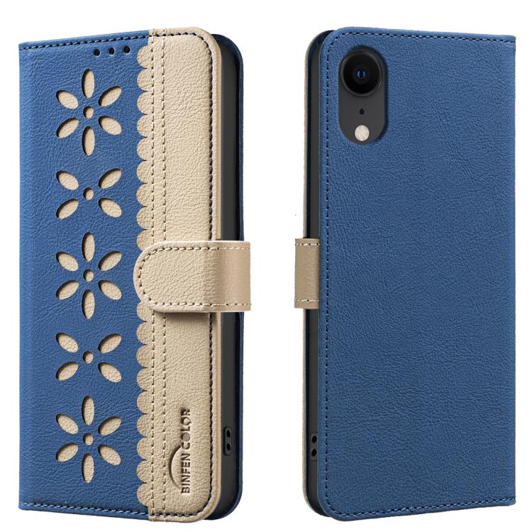 

For iPhone XR Splicing Color Hollow Flower Pattern RFID Leather Phone Case(Dark Blue)