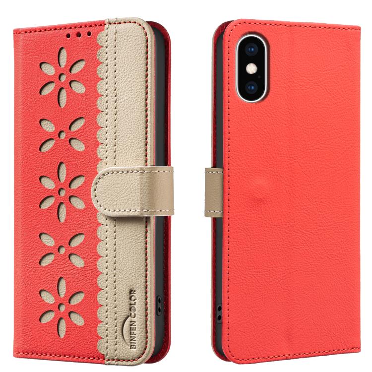 

For iPhone XS Max Splicing Color Hollow Flower Pattern RFID Leather Phone Case(Red)