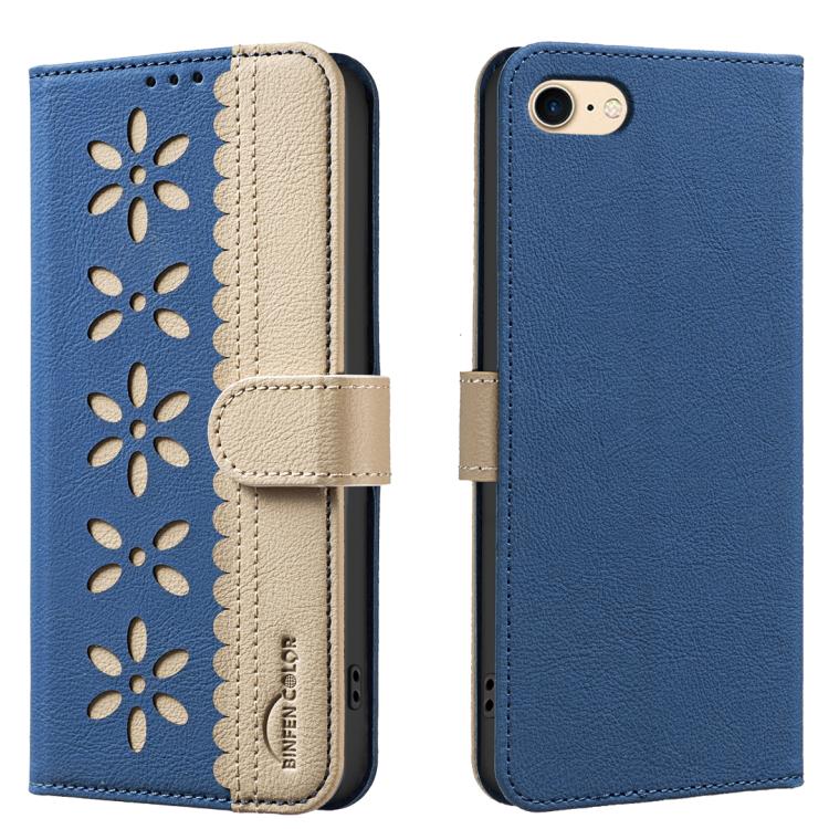 

For iPhone 6 / 7 / 8 Splicing Color Hollow Flower Pattern RFID Leather Phone Case(Dark Blue)