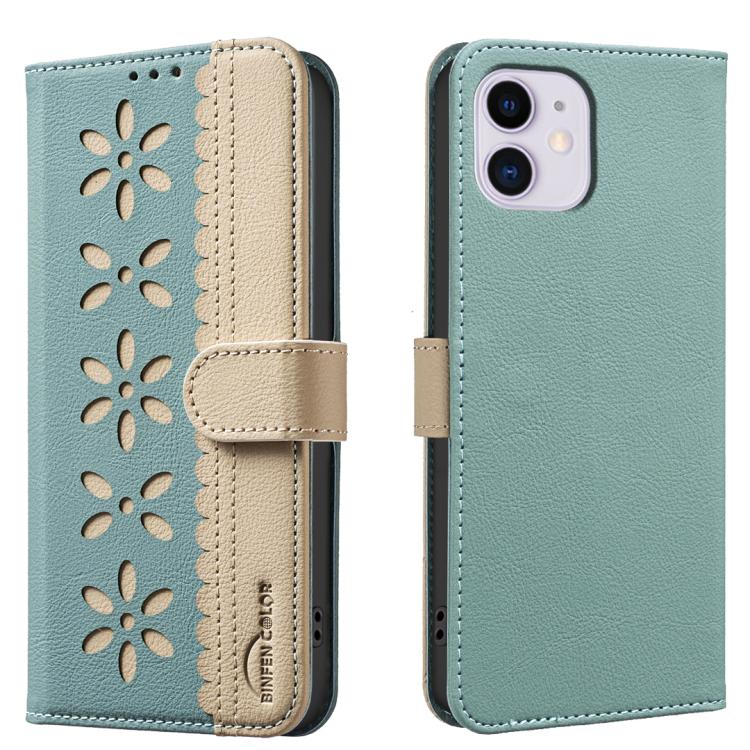 

For iPhone 11 Splicing Color Hollow Flower Pattern RFID Leather Phone Case(Green)