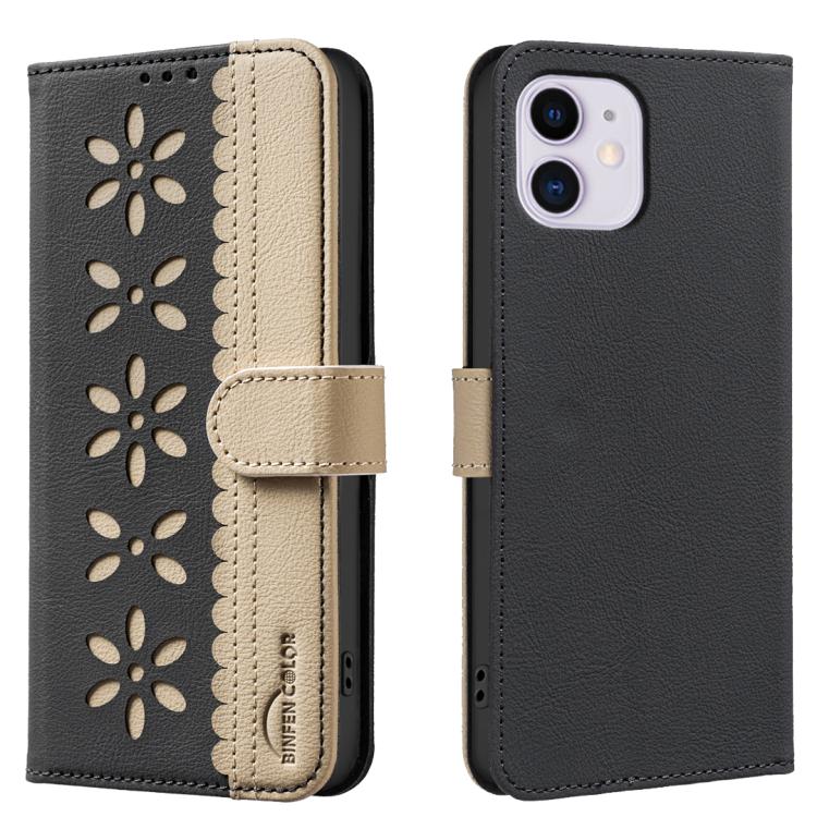 

For iPhone 12 / 12 Pro Splicing Color Hollow Flower Pattern RFID Leather Phone Case(Black)