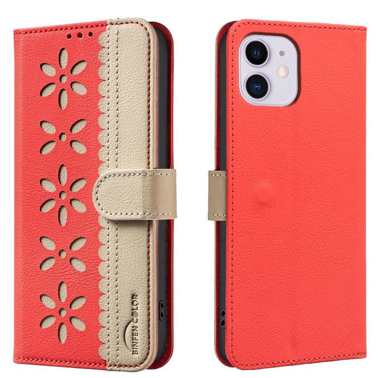 

For iPhone 12 / 12 Pro Splicing Color Hollow Flower Pattern RFID Leather Phone Case(Red)