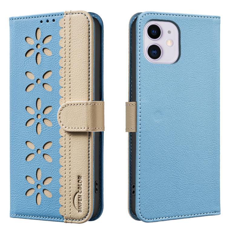 

For iPhone 12 / 12 Pro Splicing Color Hollow Flower Pattern RFID Leather Phone Case(Baby Blue)