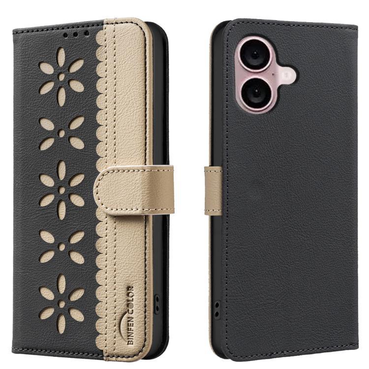 

For iPhone 16 Plus Splicing Color Hollow Flower Pattern RFID Leather Phone Case(Black)