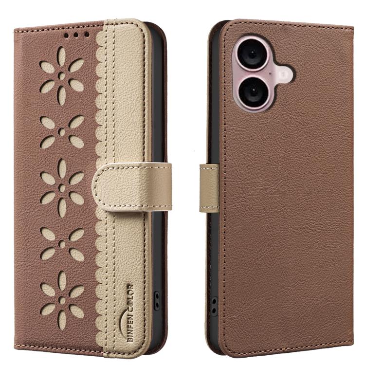 

For iPhone 16 Plus Splicing Color Hollow Flower Pattern RFID Leather Phone Case(Brown)