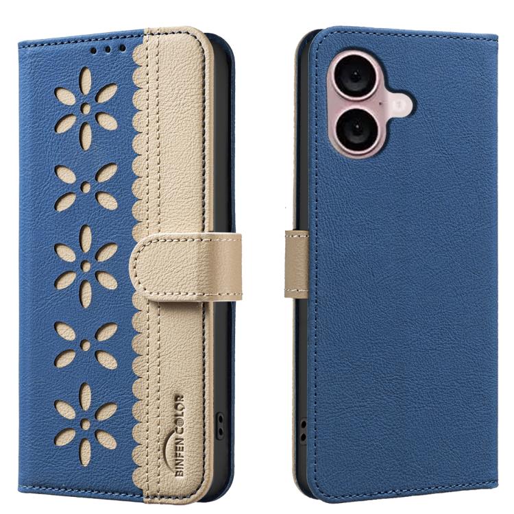 

For iPhone 16 Splicing Color Hollow Flower Pattern RFID Leather Phone Case(Dark Blue)