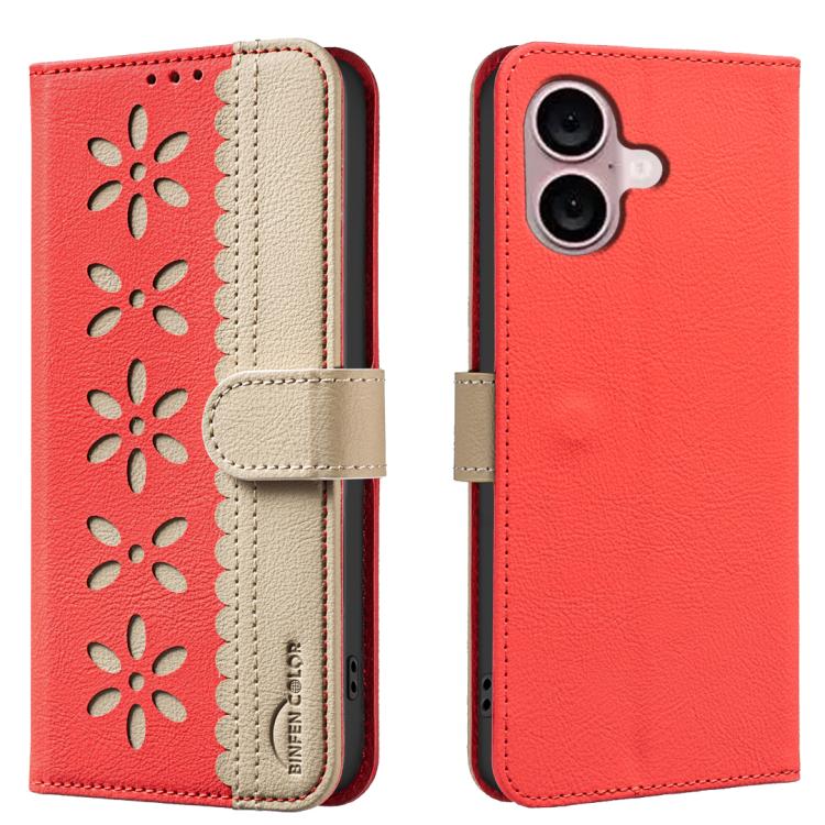 

For iPhone 16 Splicing Color Hollow Flower Pattern RFID Leather Phone Case(Red)