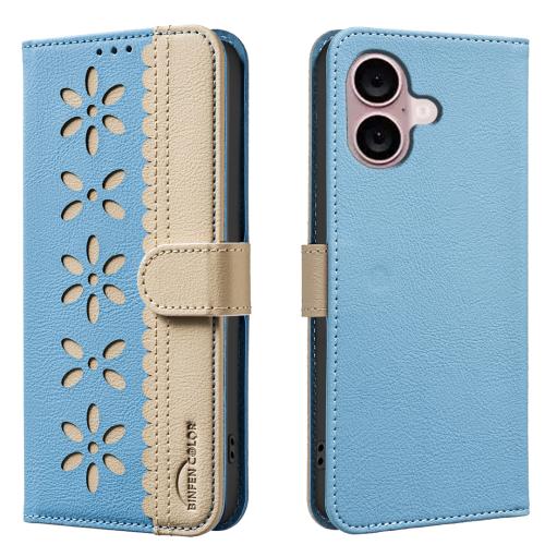 

For iPhone 16 Splicing Color Hollow Flower Pattern RFID Leather Phone Case(Baby Blue)