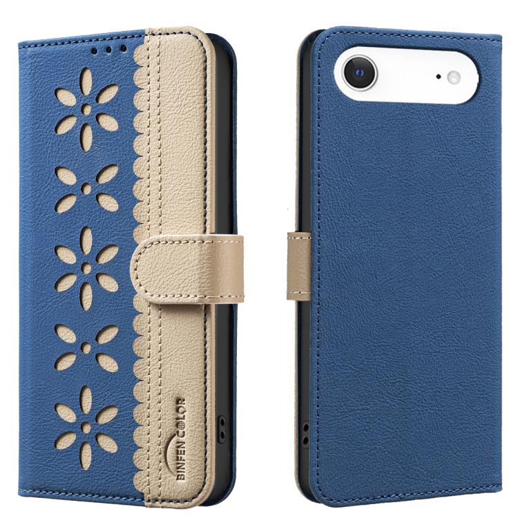 

For iPhone 17 Air Splicing Color Hollow Flower Pattern RFID Leather Phone Case(Dark Blue)