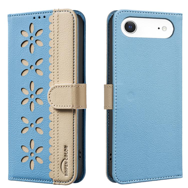 

For iPhone 17 Air Splicing Color Hollow Flower Pattern RFID Leather Phone Case(Baby Blue)