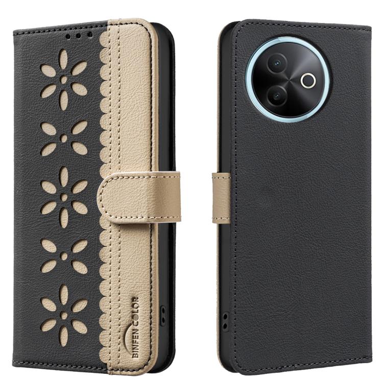 

For vivo Y39 5G Splicing Color Hollow Flower Pattern RFID Leather Phone Case(Black)