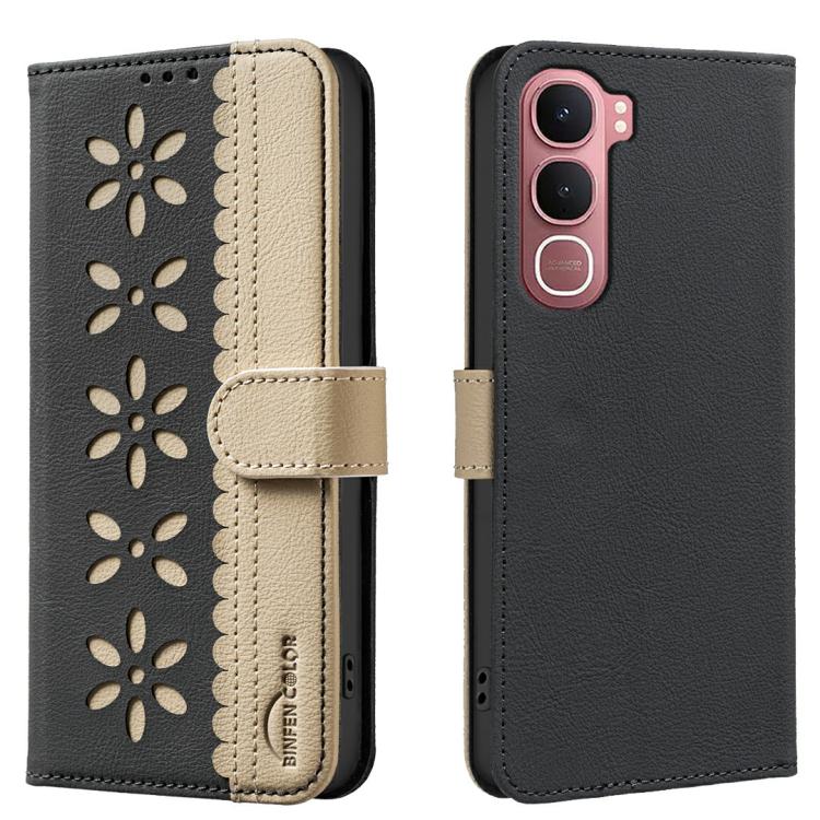 

For vivo Y31 5G 2025 Splicing Color Hollow Flower Pattern RFID Leather Phone Case(Black)