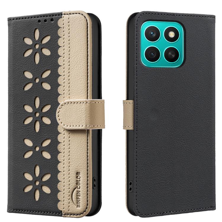 

For Honor X8C Splicing Color Hollow Flower Pattern RFID Leather Phone Case(Black)