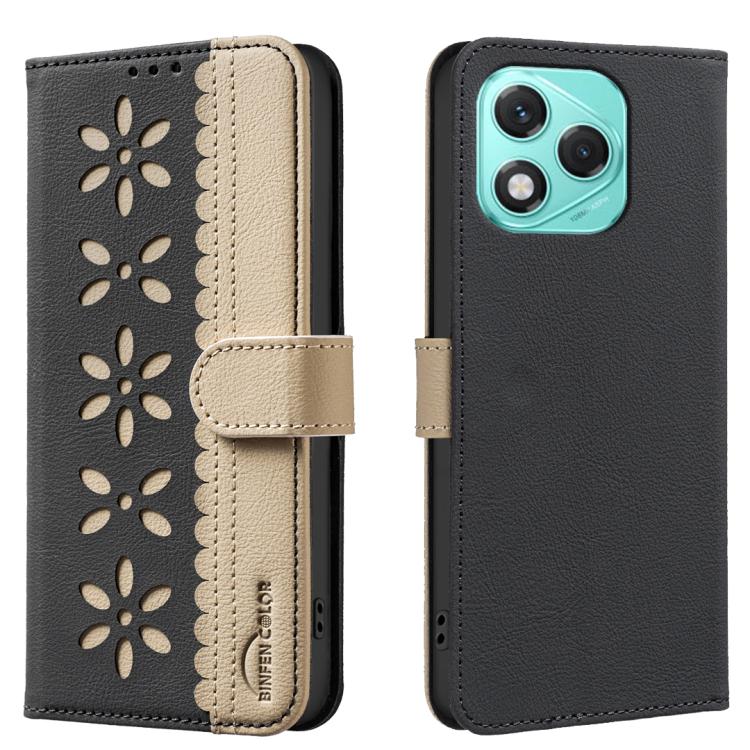 

For Honor 400 Lite Splicing Color Hollow Flower Pattern RFID Leather Phone Case(Black)