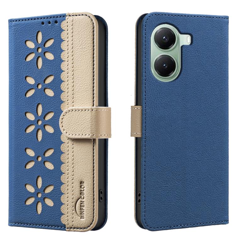 

For Redmi Turbo 4 Splicing Color Hollow Flower Pattern RFID Leather Phone Case(Dark Blue)