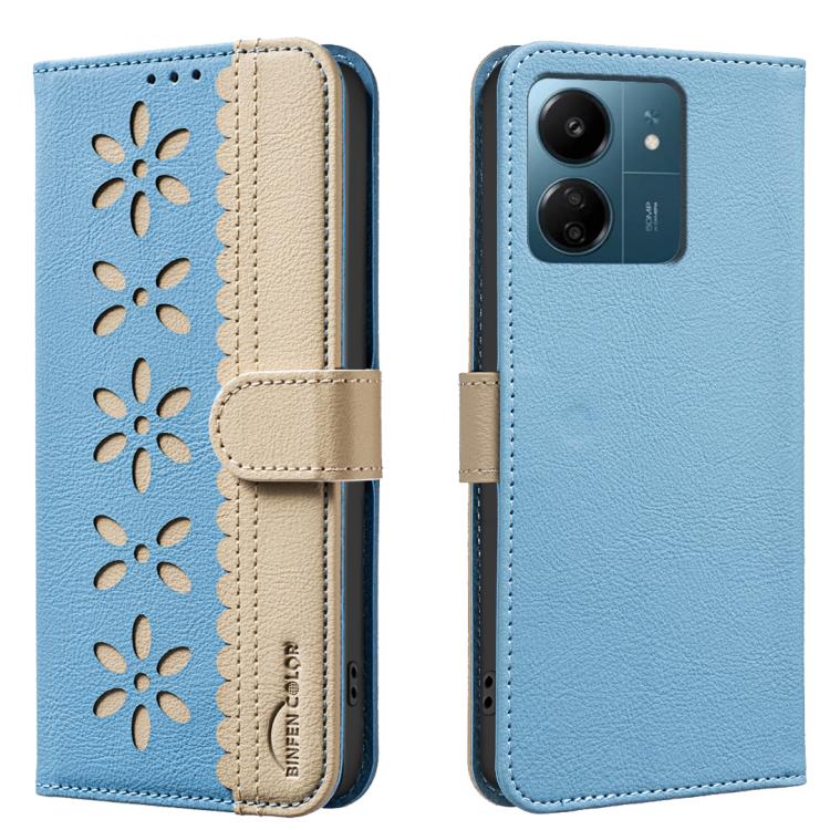 

For Redmi 13C Splicing Color Hollow Flower Pattern RFID Leather Phone Case(Baby Blue)