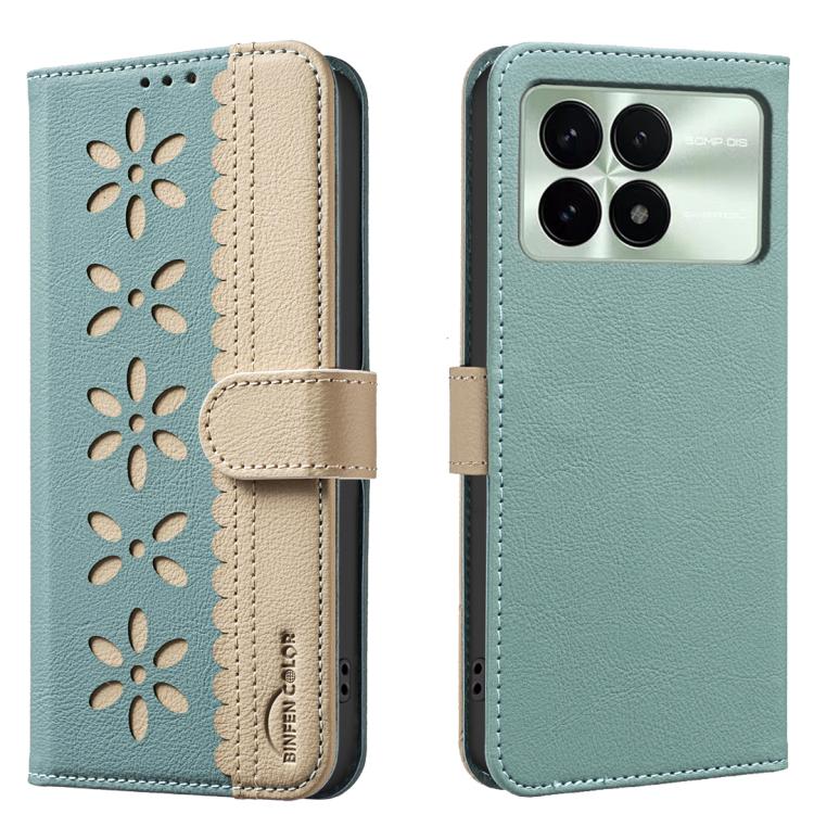 

For Redmi K70 / K70 Pro Splicing Color Hollow Flower Pattern RFID Leather Phone Case(Green)
