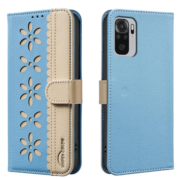 

For Redmi Note 10 4G / Note 10S Splicing Color Hollow Flower Pattern RFID Leather Phone Case(Baby Blue)