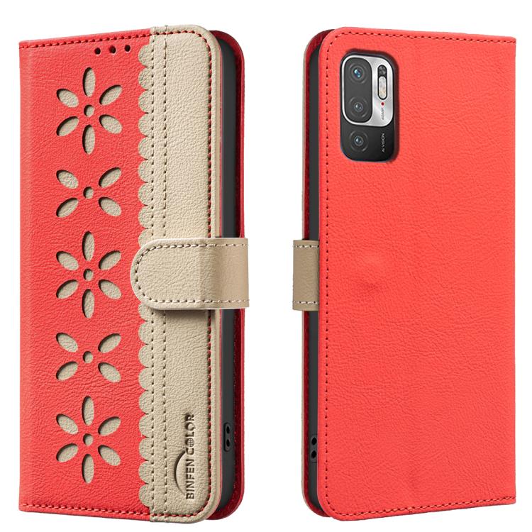 

For Redmi Note 10 5G / Note 10T 5G Splicing Color Hollow Flower Pattern RFID Leather Phone Case(Red)