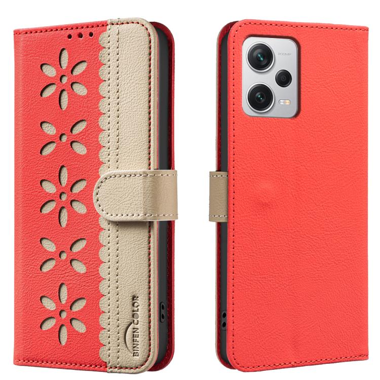 

For Redmi Note 12 Pro+ Splicing Color Hollow Flower Pattern RFID Leather Phone Case(Red)