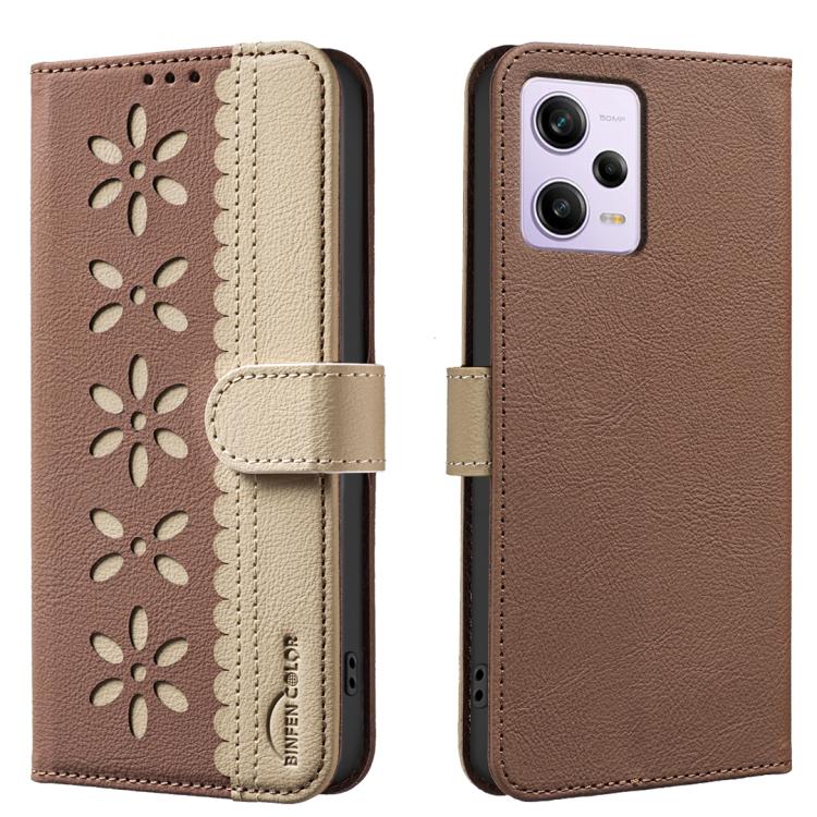 

For Redmi Note 12 Pro Splicing Color Hollow Flower Pattern RFID Leather Phone Case(Brown)
