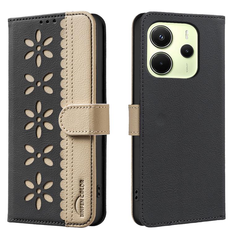 

For Redmi Note 14 4G 163.25mm Splicing Color Hollow Flower Pattern RFID Leather Phone Case(Black)