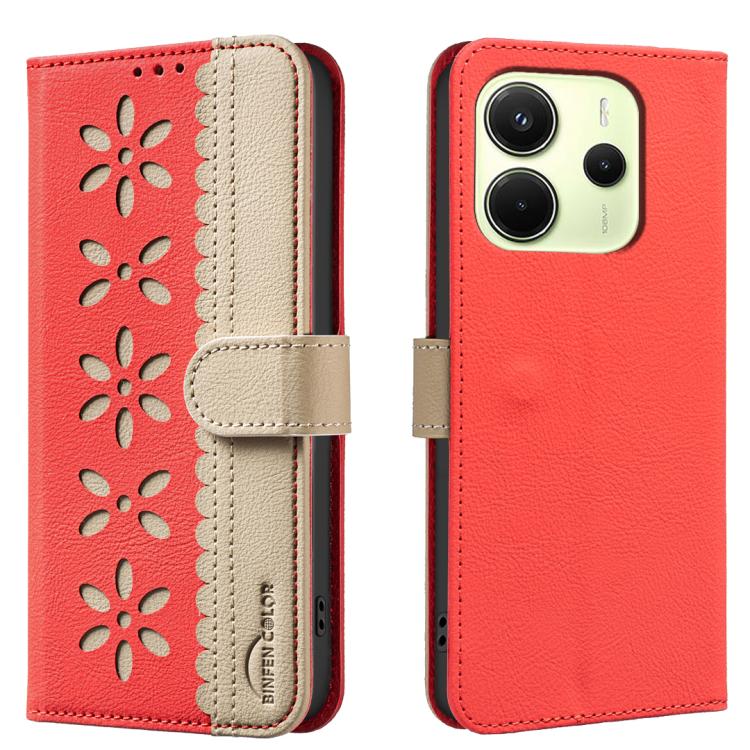 

For Redmi Note 14 4G 163.25mm Splicing Color Hollow Flower Pattern RFID Leather Phone Case(Red)