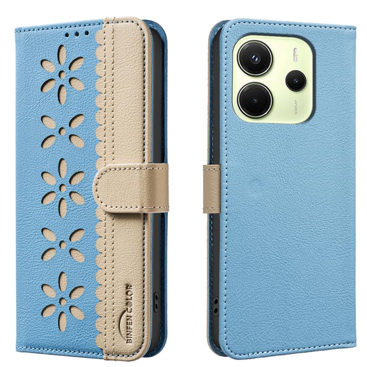 

For Redmi Note 14 4G 163.25mm Splicing Color Hollow Flower Pattern RFID Leather Phone Case(Baby Blue)