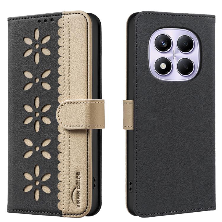 

For Redmi Note 14 Pro 4G Splicing Color Hollow Flower Pattern RFID Leather Phone Case(Black)