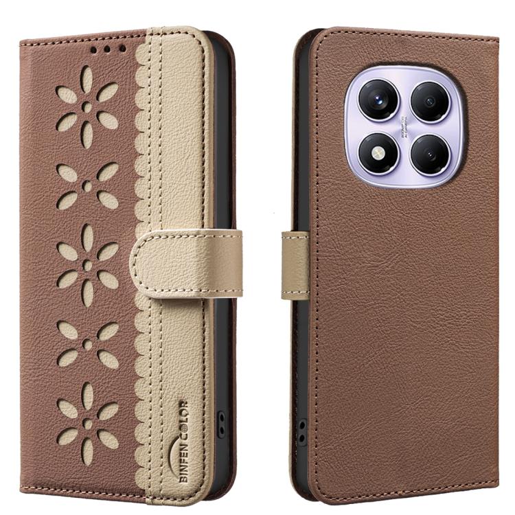 

For Redmi Note 14 Pro 4G Splicing Color Hollow Flower Pattern RFID Leather Phone Case(Brown)