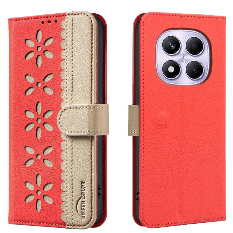 

For Redmi Note 14 Pro 4G Splicing Color Hollow Flower Pattern RFID Leather Phone Case(Red)