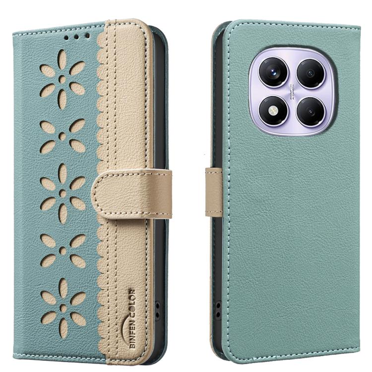 

For Redmi Note 14 Pro 4G Splicing Color Hollow Flower Pattern RFID Leather Phone Case(Green)