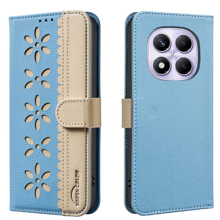 

For Redmi Note 14 Pro 4G Splicing Color Hollow Flower Pattern RFID Leather Phone Case(Baby Blue)