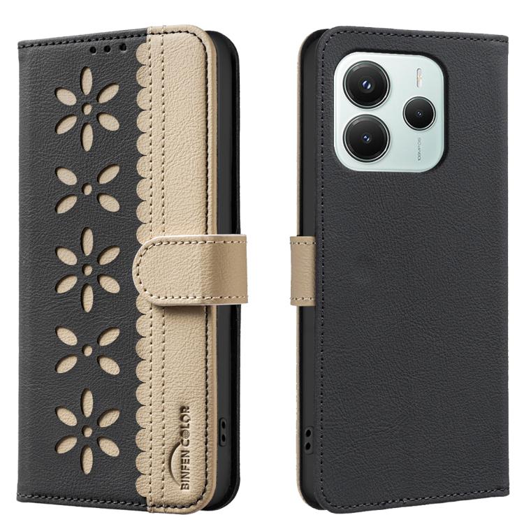 

For Redmi Note 14 5G Splicing Color Hollow Flower Pattern RFID Leather Phone Case(Black)