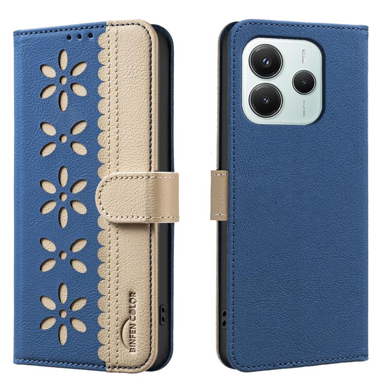 

For Redmi Note 14 5G Splicing Color Hollow Flower Pattern RFID Leather Phone Case(Dark Blue)
