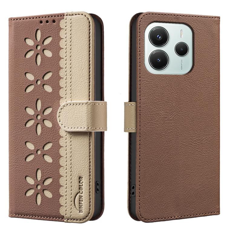 

For Redmi Note 14 5G Splicing Color Hollow Flower Pattern RFID Leather Phone Case(Brown)