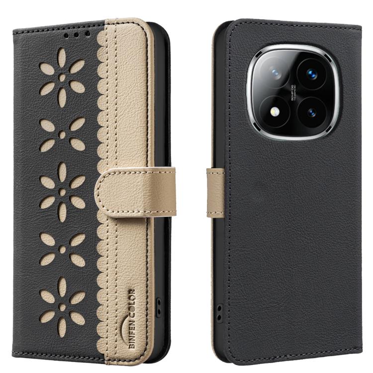 

For Redmi Note 14 Pro 5G / 14 Pro+ 5G Splicing Color Hollow Flower Pattern RFID Leather Phone Case(Black)
