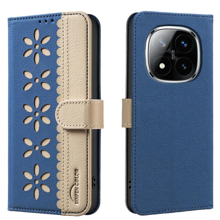 

For Redmi Note 14 Pro 5G / 14 Pro+ 5G Splicing Color Hollow Flower Pattern RFID Leather Phone Case(Dark Blue)