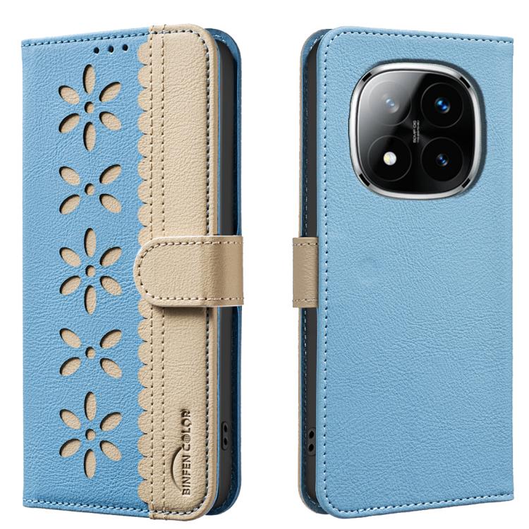 

For Redmi Note 14 Pro 5G / 14 Pro+ 5G Splicing Color Hollow Flower Pattern RFID Leather Phone Case(Baby Blue)