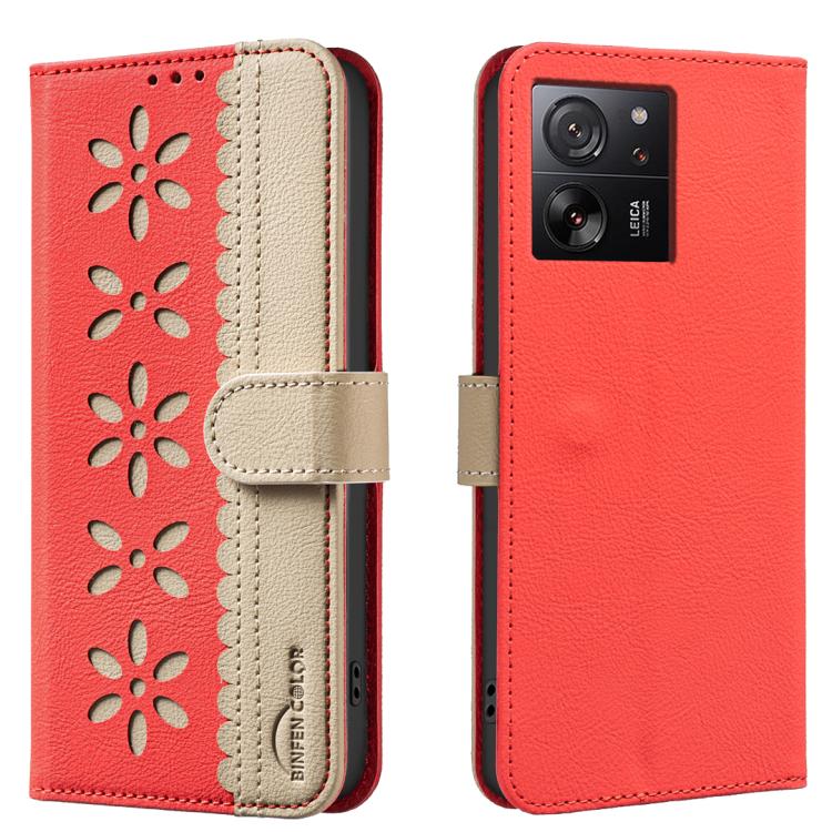 

For Redmi K60 Ultra Splicing Color Hollow Flower Pattern RFID Leather Phone Case(Red)