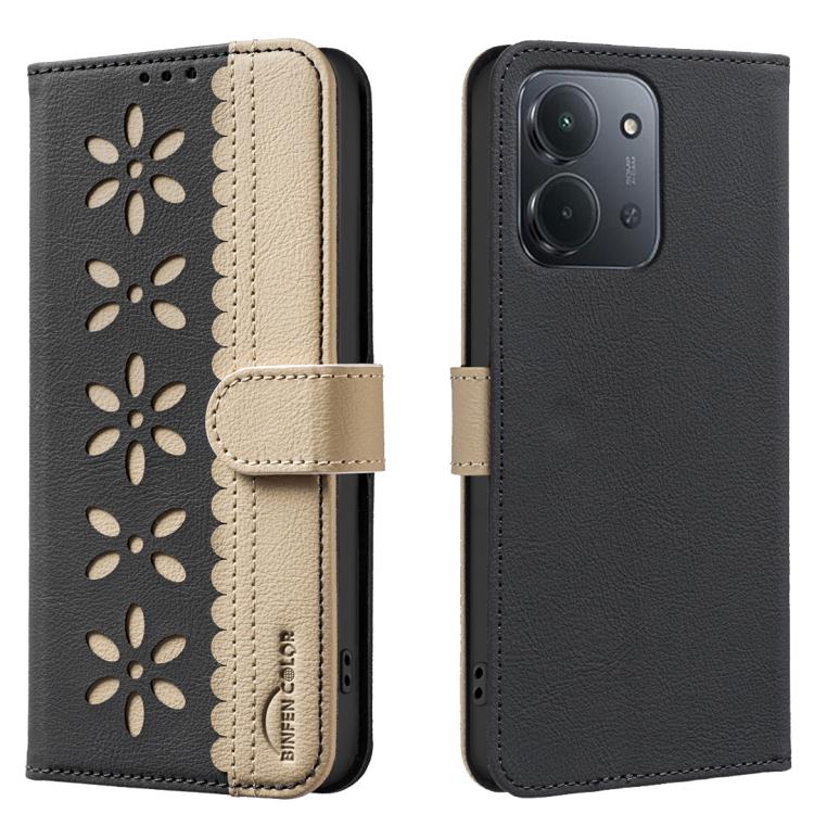 

For Redmi 15C 5G / 4G EU 173mm Splicing Color Hollow Flower Pattern RFID Leather Phone Case(Black)